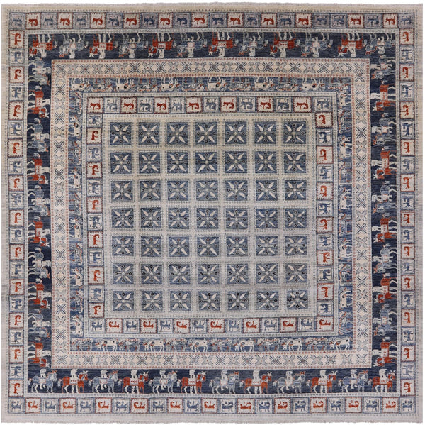 Square Antiqued Pazyryk Historical Design Wool Rug - 9' 10" X 10' 2" - Golden Nile