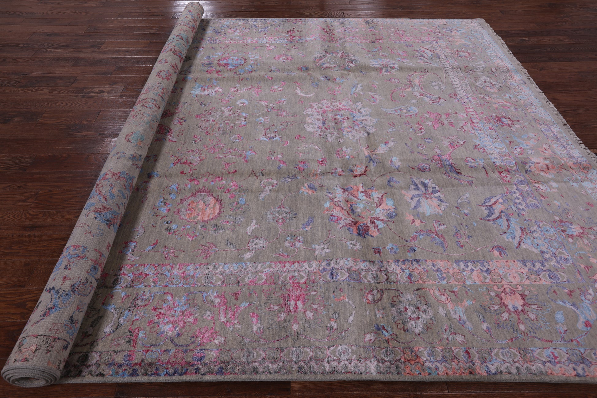 Grey Persian Hand Knotted Wool & Silk Rug - 9' 0" X 12' 4" - Golden Nile