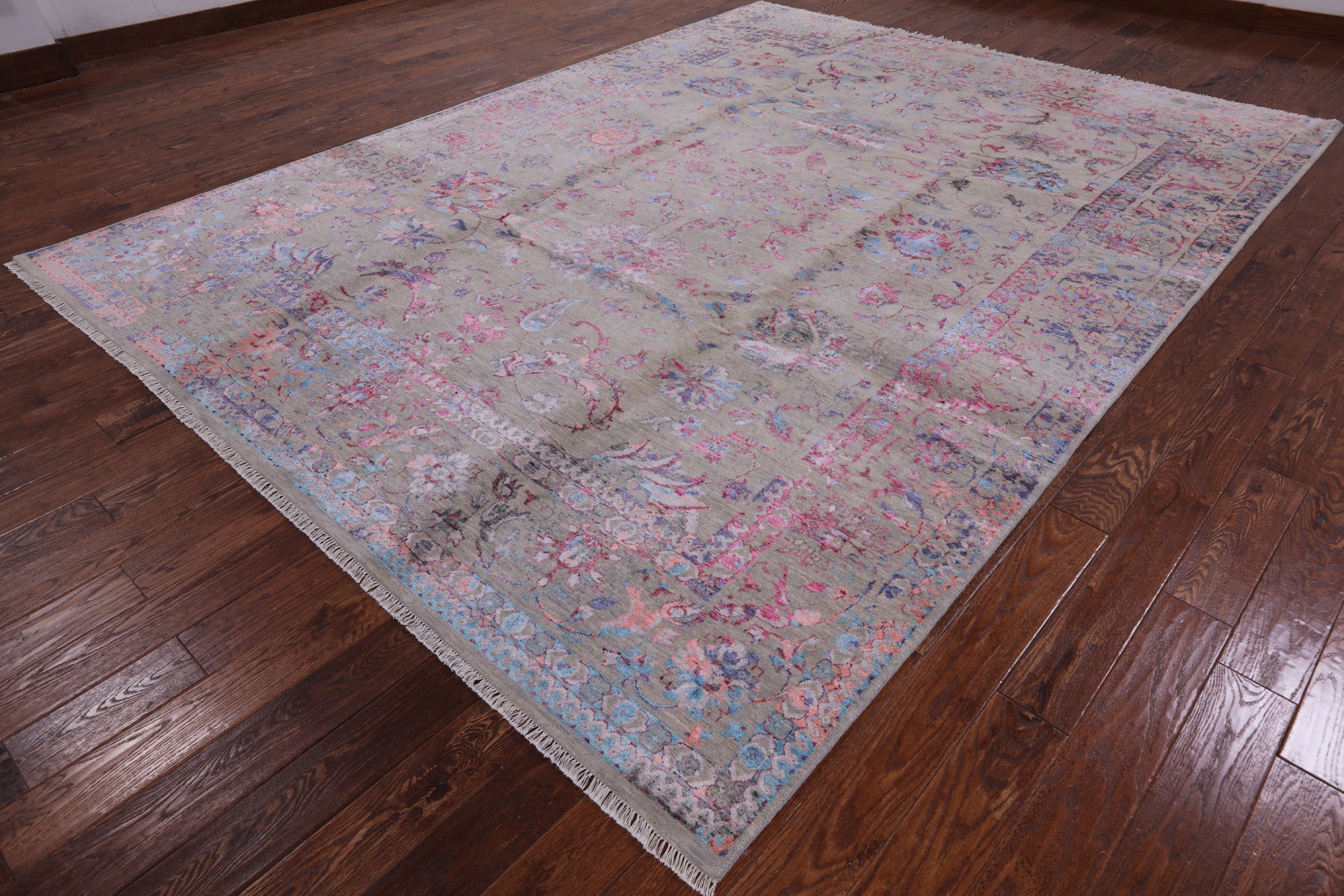 Grey Persian Hand Knotted Wool & Silk Rug - 9' 0" X 12' 4" - Golden Nile