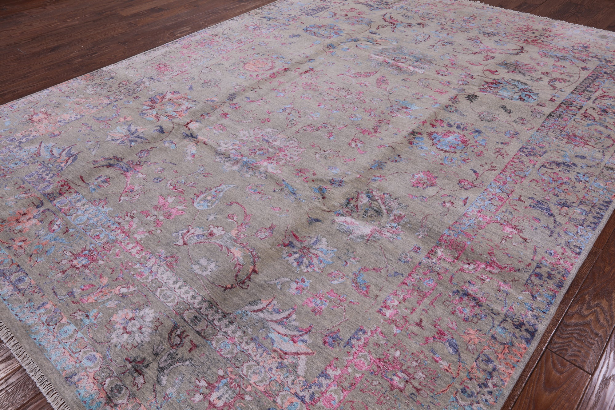 Grey Persian Hand Knotted Wool & Silk Rug - 9' 0" X 12' 4" - Golden Nile