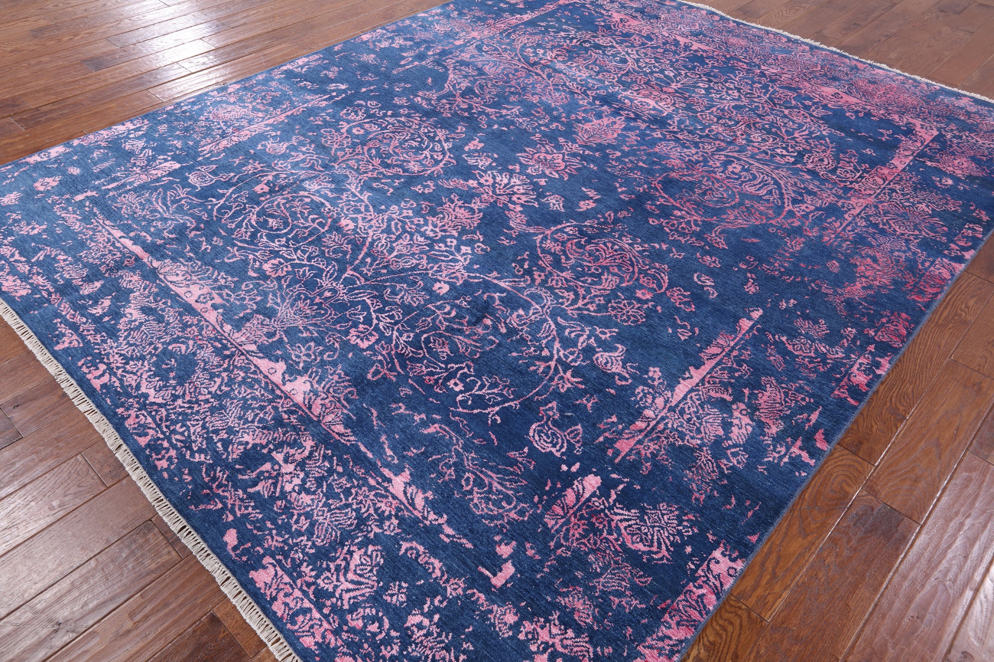 Blue Persian Modern Wool & Silk Floral Handmade Rug - 8' 1" X 10' 1" - Golden Nile