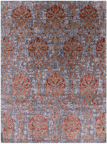 Floral Design Hand Knotted Wool & Silk Hi-Lo Pile Rug - 7' 11" X 10' 9" - Golden Nile