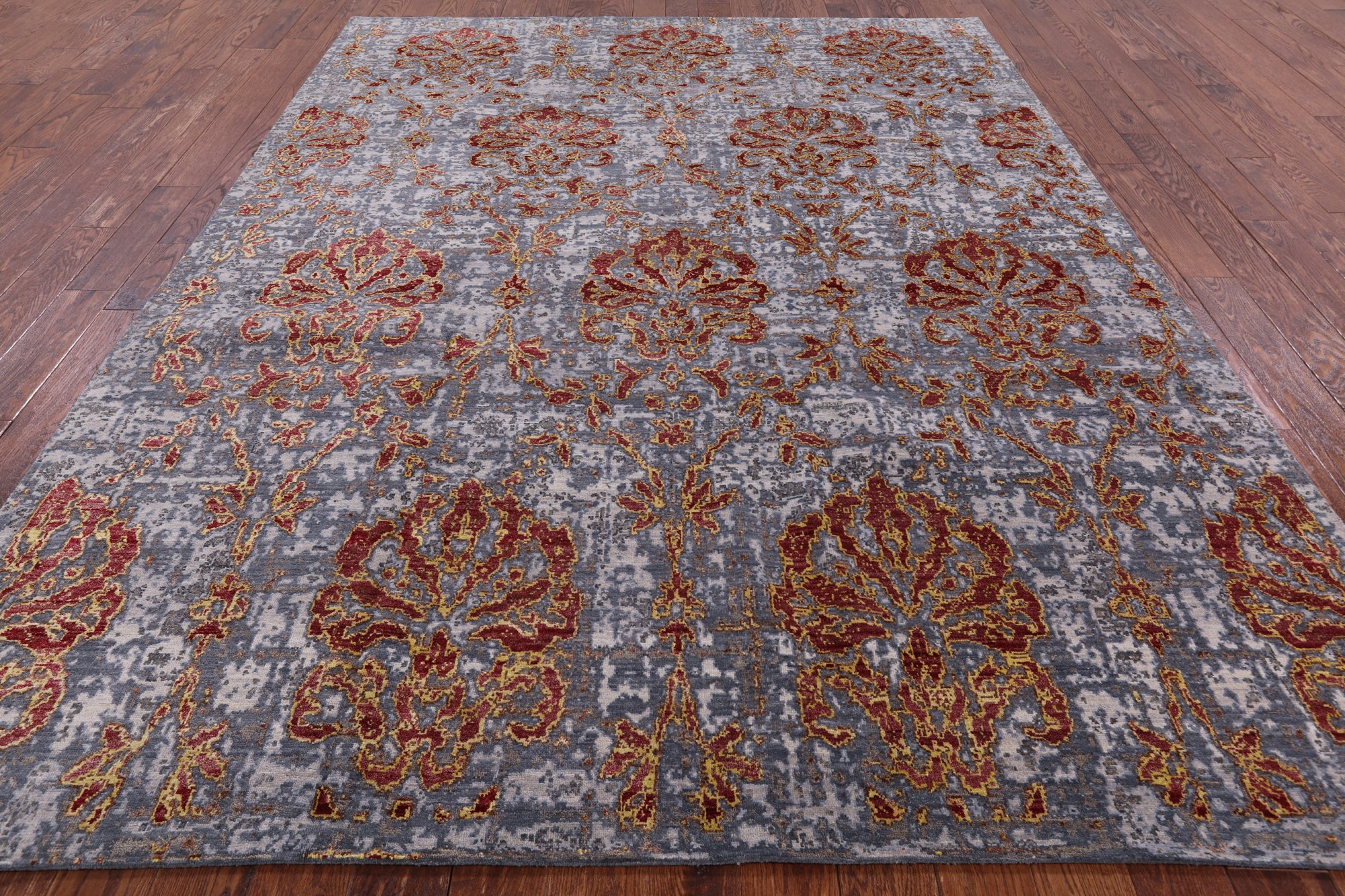 Floral Design Hand Knotted Wool & Silk Hi-Lo Pile Rug - 7' 11" X 10' 9" - Golden Nile
