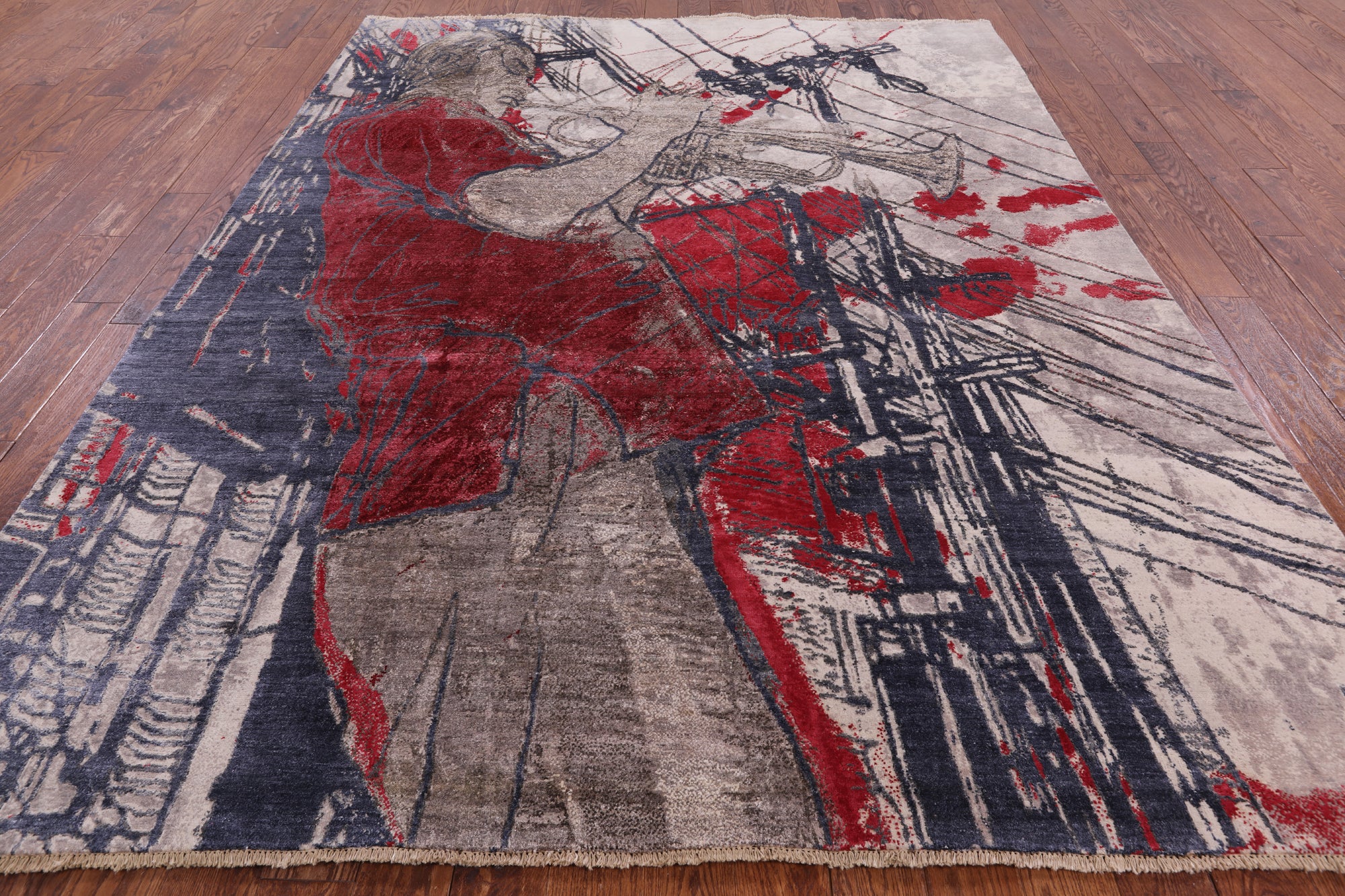 Trumpet Player Design Modern Hand Knotted Wool & Silk Rug - 7' 11" X 10' 4" - Golden Nile