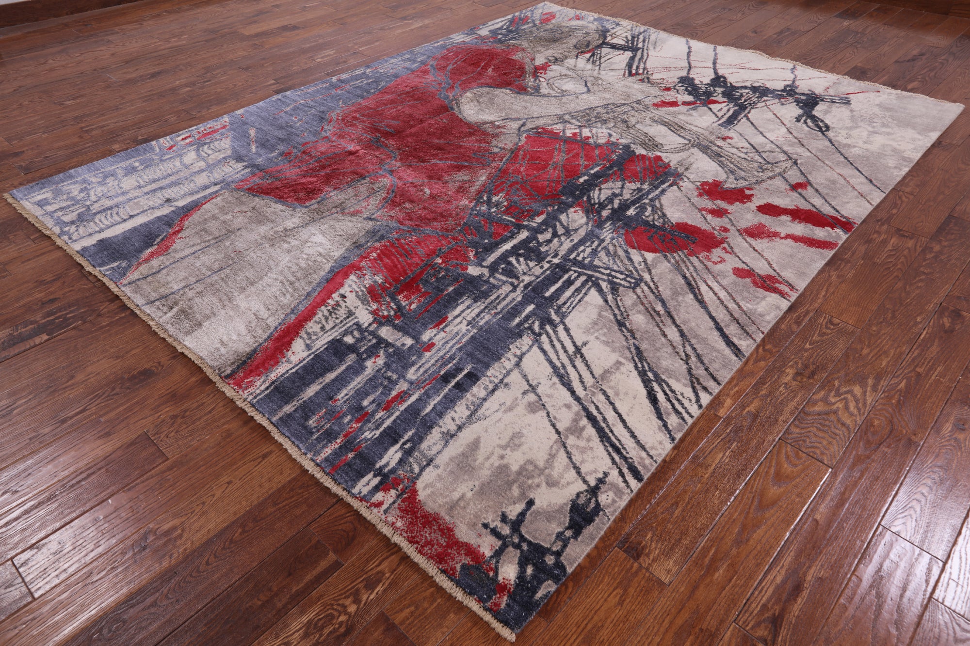 Trumpet Player Design Modern Hand Knotted Wool & Silk Rug - 7' 11" X 10' 4" - Golden Nile