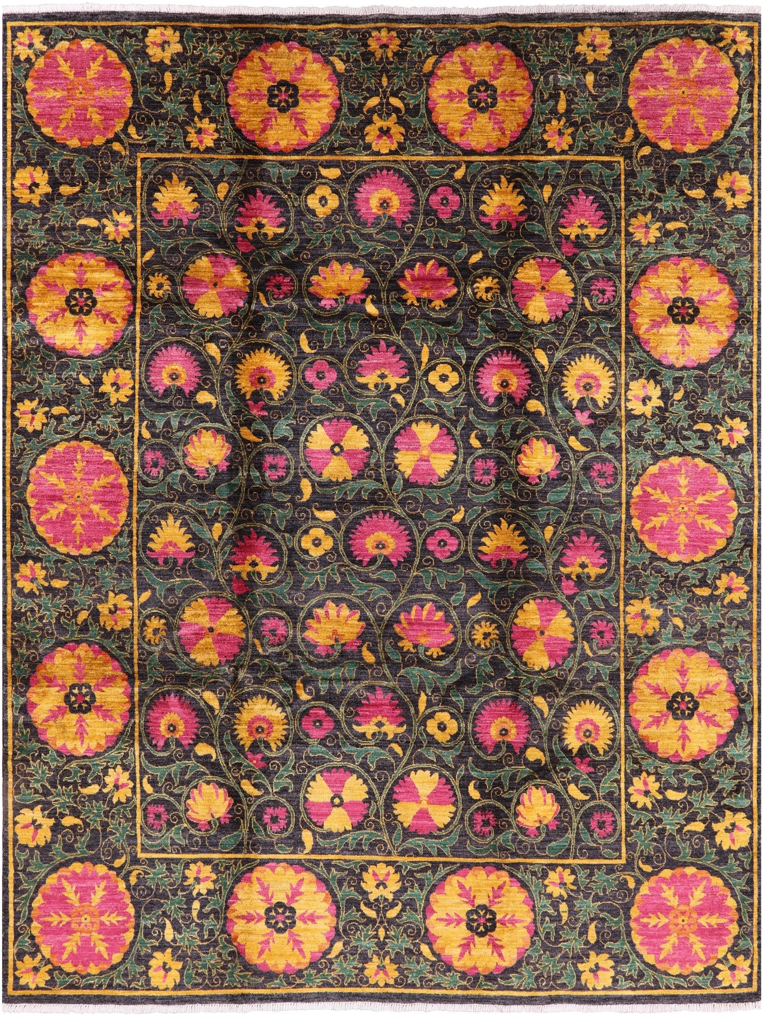 Black William Morris Hand Knotted Wool Area Rug - 8' 1" X 10' 7" - Golden Nile
