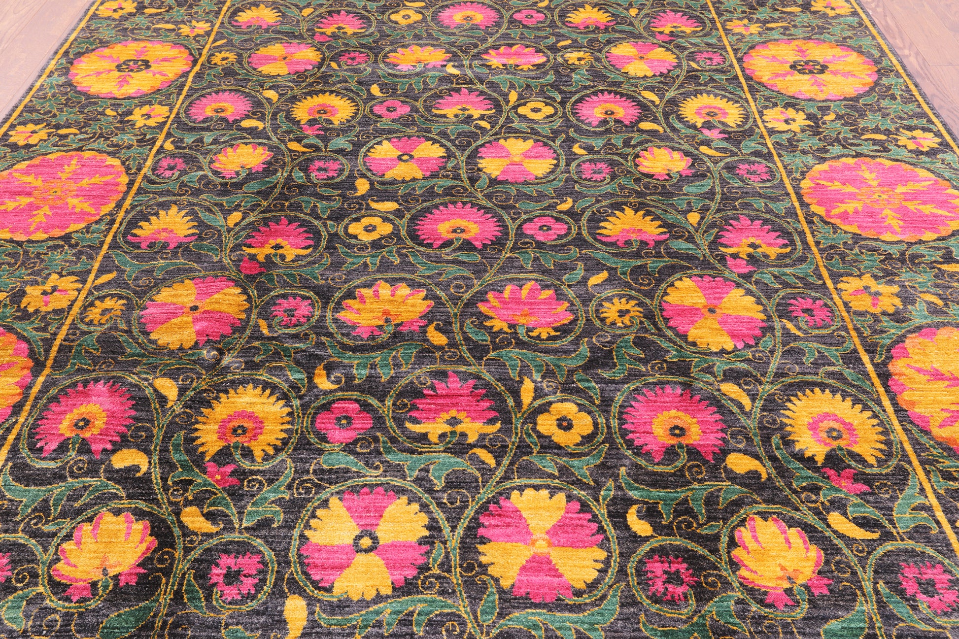 Black William Morris Hand Knotted Wool Area Rug - 8' 1" X 10' 7" - Golden Nile