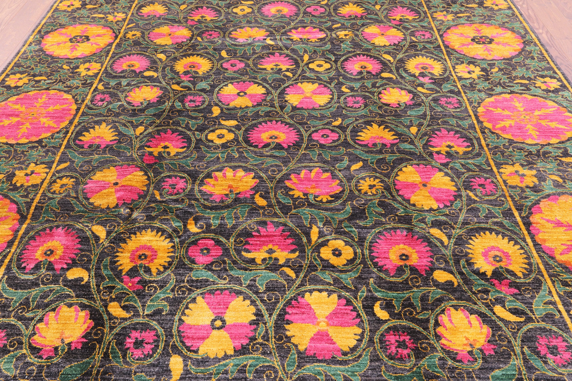 Black William Morris Hand Knotted Wool Area Rug - 8' 1" X 10' 7" - Golden Nile