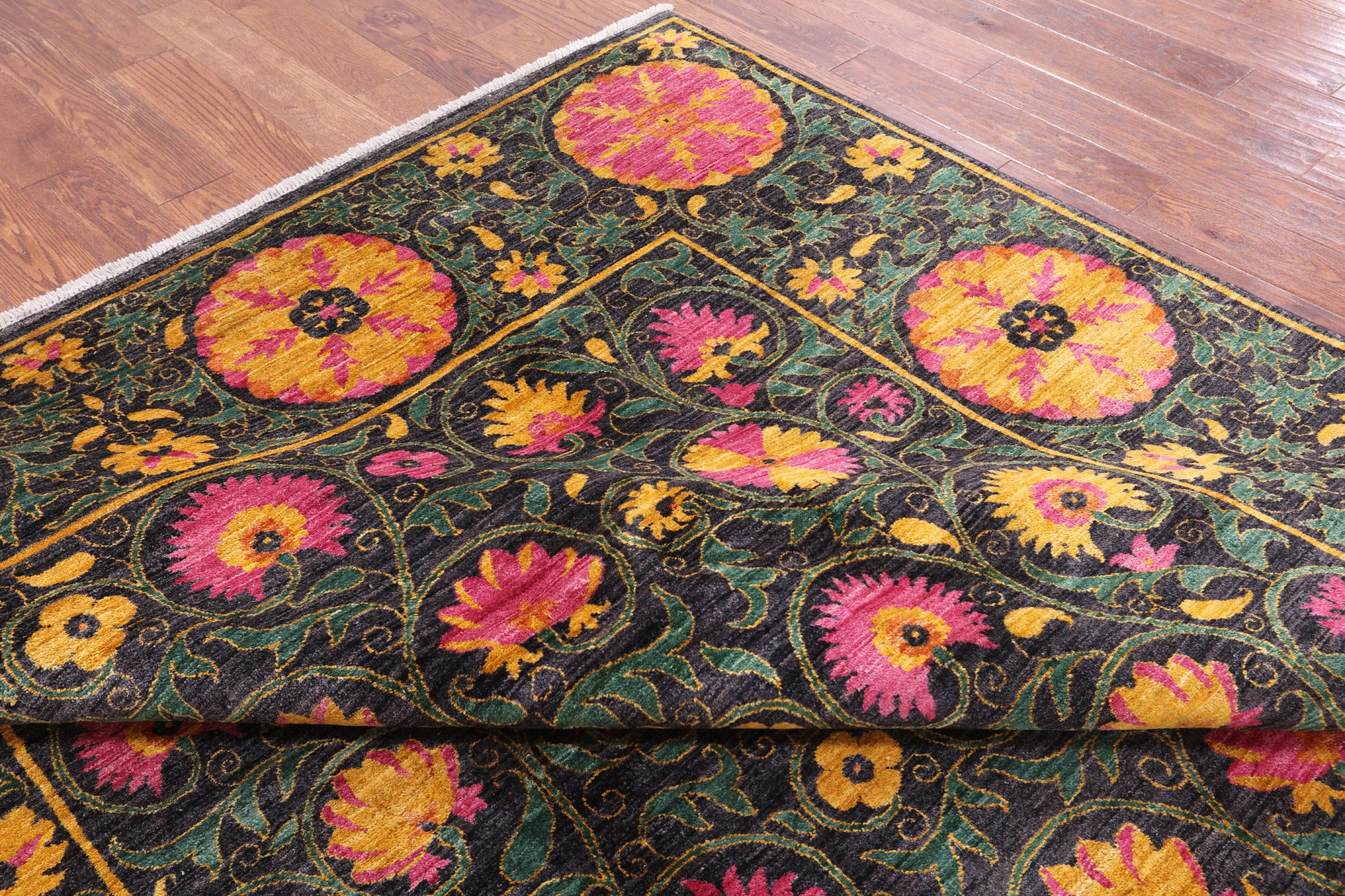 Black William Morris Hand Knotted Wool Area Rug - 8' 1" X 10' 7" - Golden Nile
