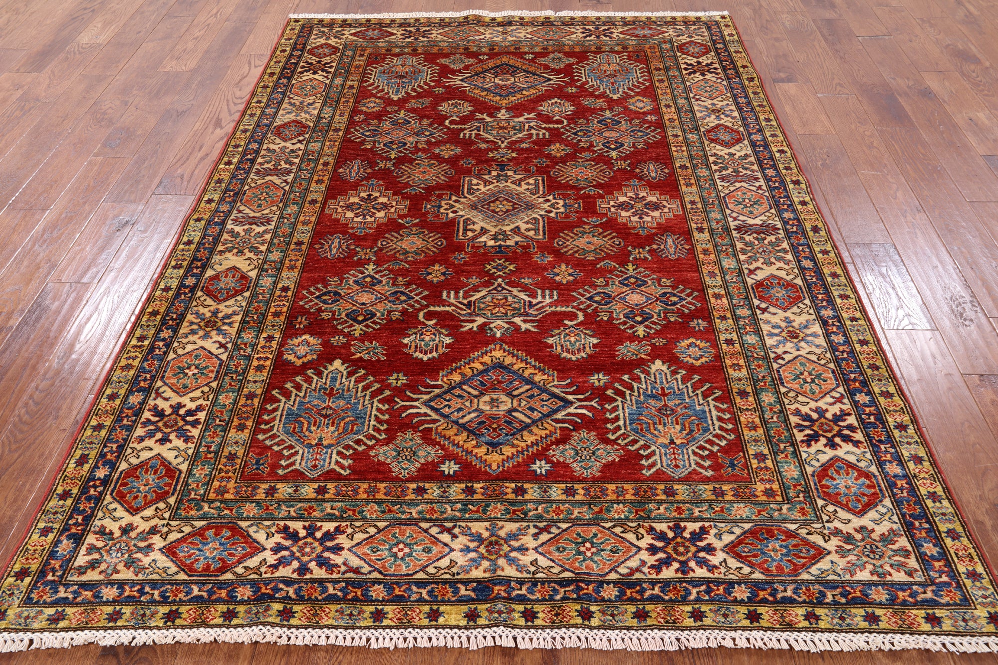 Red Super Kazak Handmade Area Rug - 5' 9" X 7' 11" - Golden Nile
