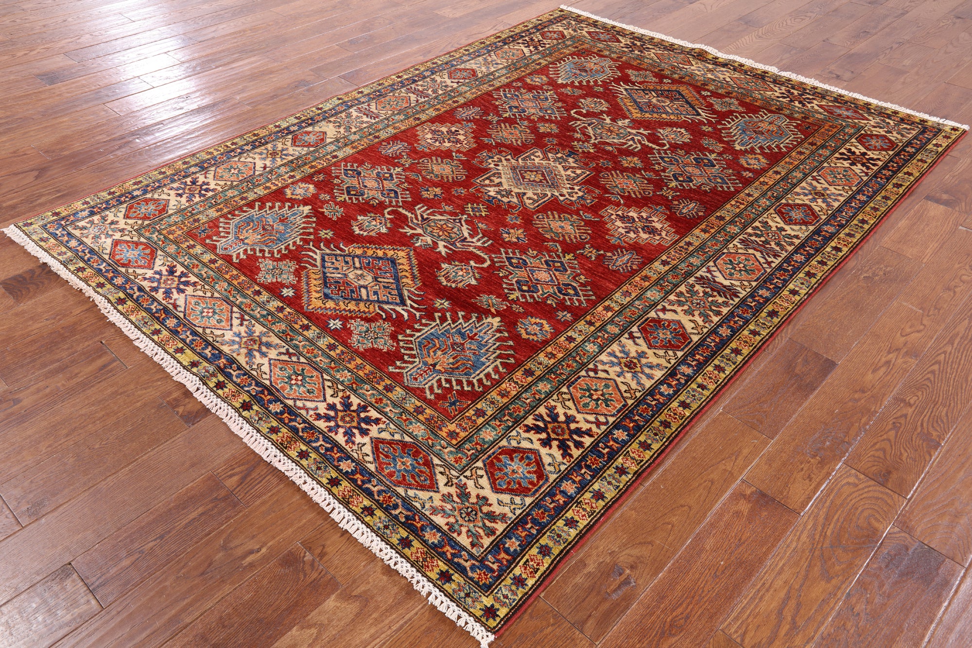 Red Super Kazak Handmade Area Rug - 5' 9" X 7' 11" - Golden Nile