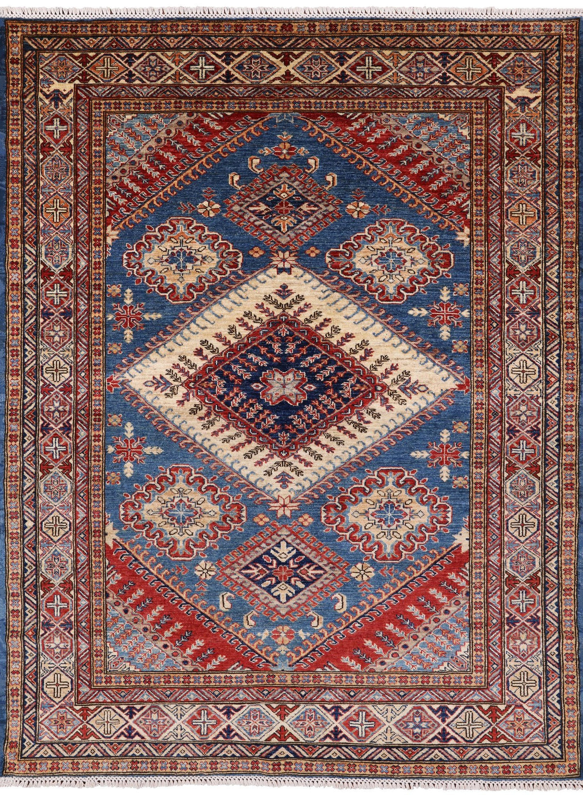 Blue Super Kazak Hand Knotted Area Rug - 5' 11" X 7' 8" - Golden Nile