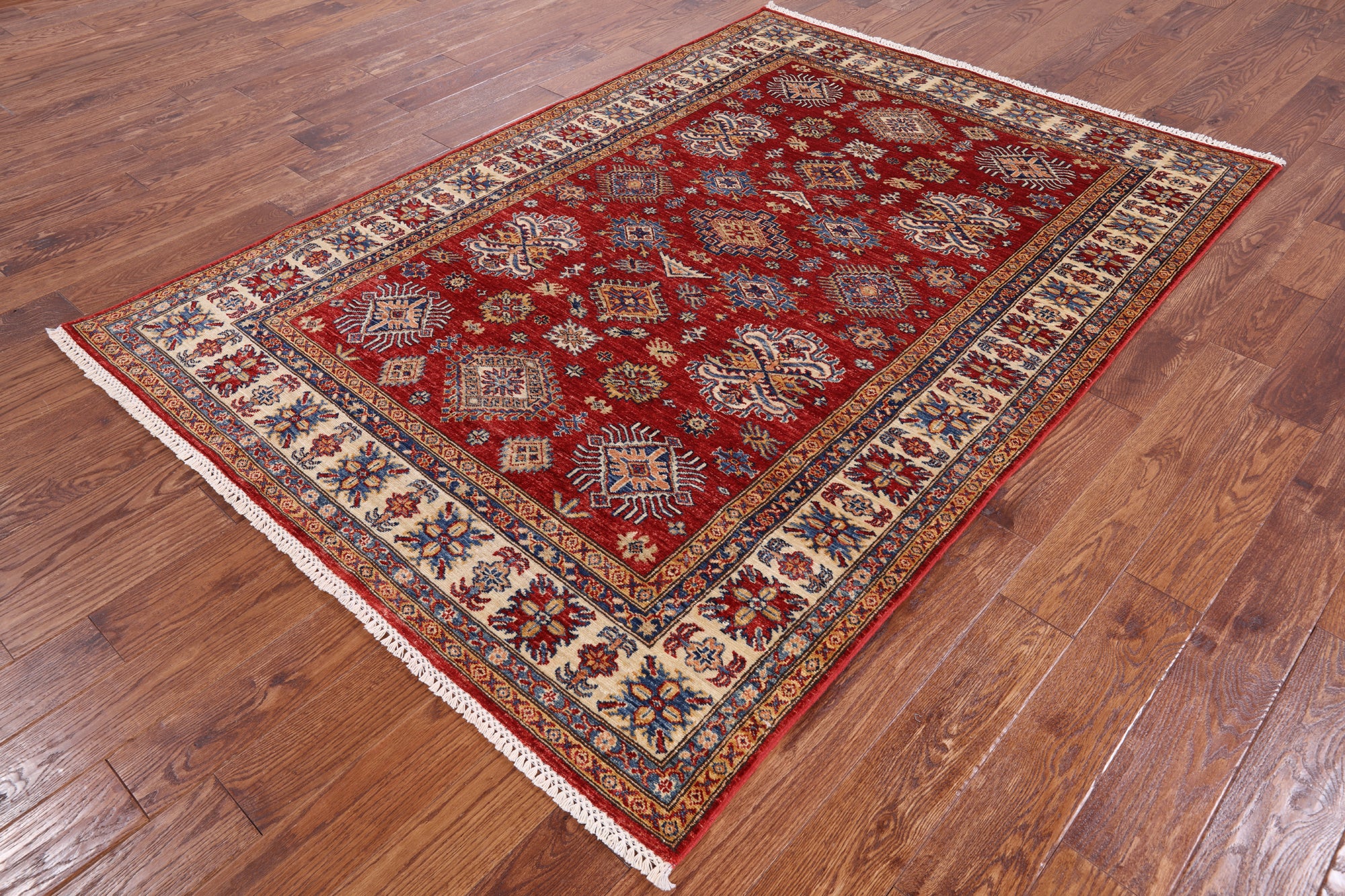 Red Super Kazak Hand Knotted Area Rug - 5' 6" X 7' 8" - Golden Nile