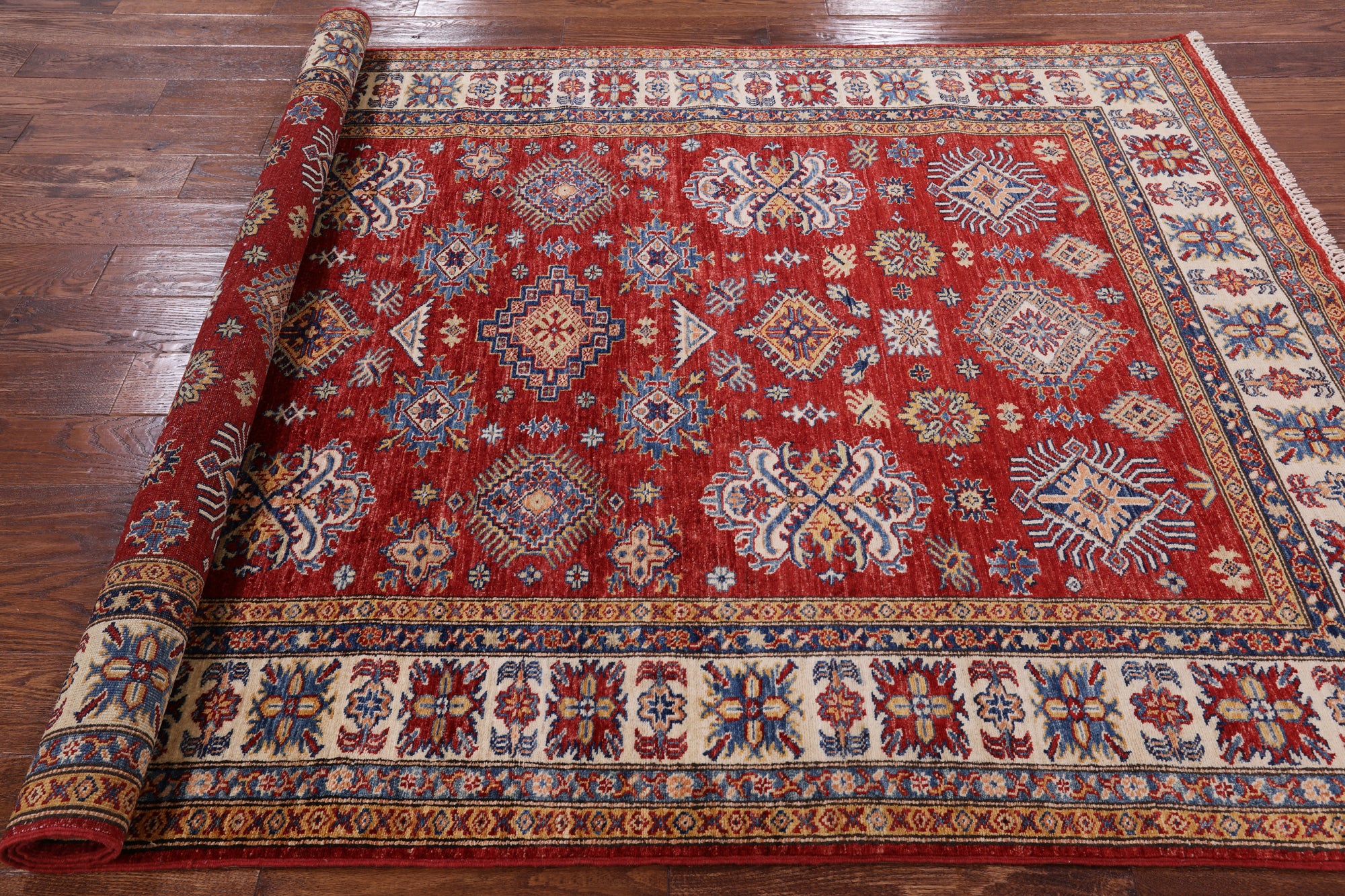Red Super Kazak Hand Knotted Area Rug - 5' 6" X 7' 8" - Golden Nile