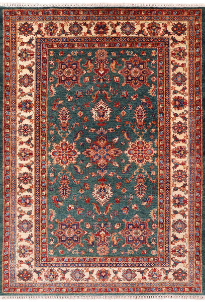 Green Super Kazak Hand Knotted Wool Area Rug - 5' 7" X 8' 0" - Golden Nile