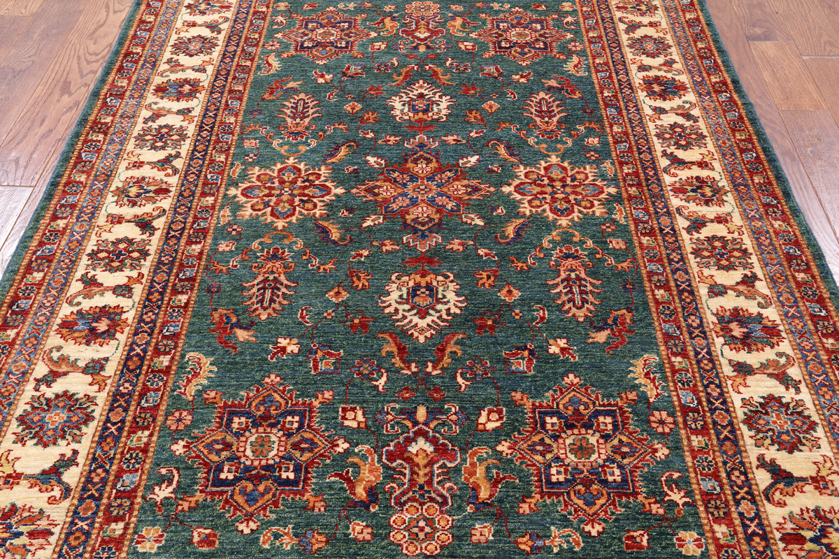Green Super Kazak Hand Knotted Wool Area Rug - 5' 7" X 8' 0" - Golden Nile