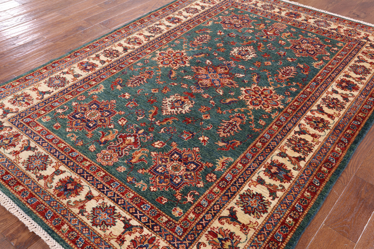Green Super Kazak Hand Knotted Wool Area Rug - 5' 7" X 8' 0" - Golden Nile