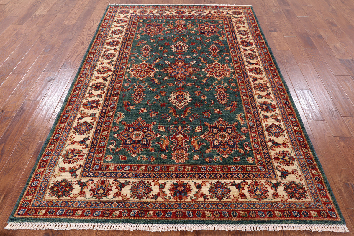 Green Super Kazak Hand Knotted Wool Area Rug - 5' 7" X 8' 0" - Golden Nile