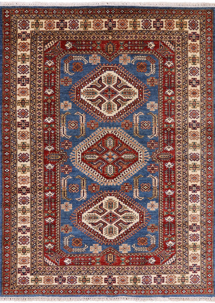 Blue Super Kazak Hand Knotted Wool Area Rug - 5' 8" X 7' 8" - Golden Nile