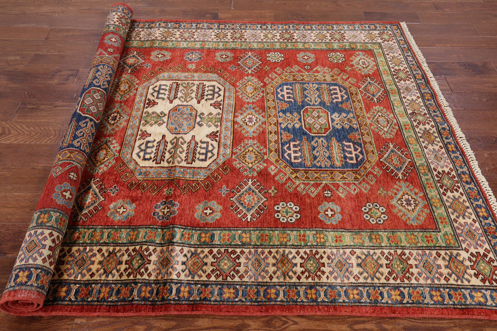 Red Super Kazak Hand Knotted Wool Rug - 5' 7" X 7' 8" - Golden Nile