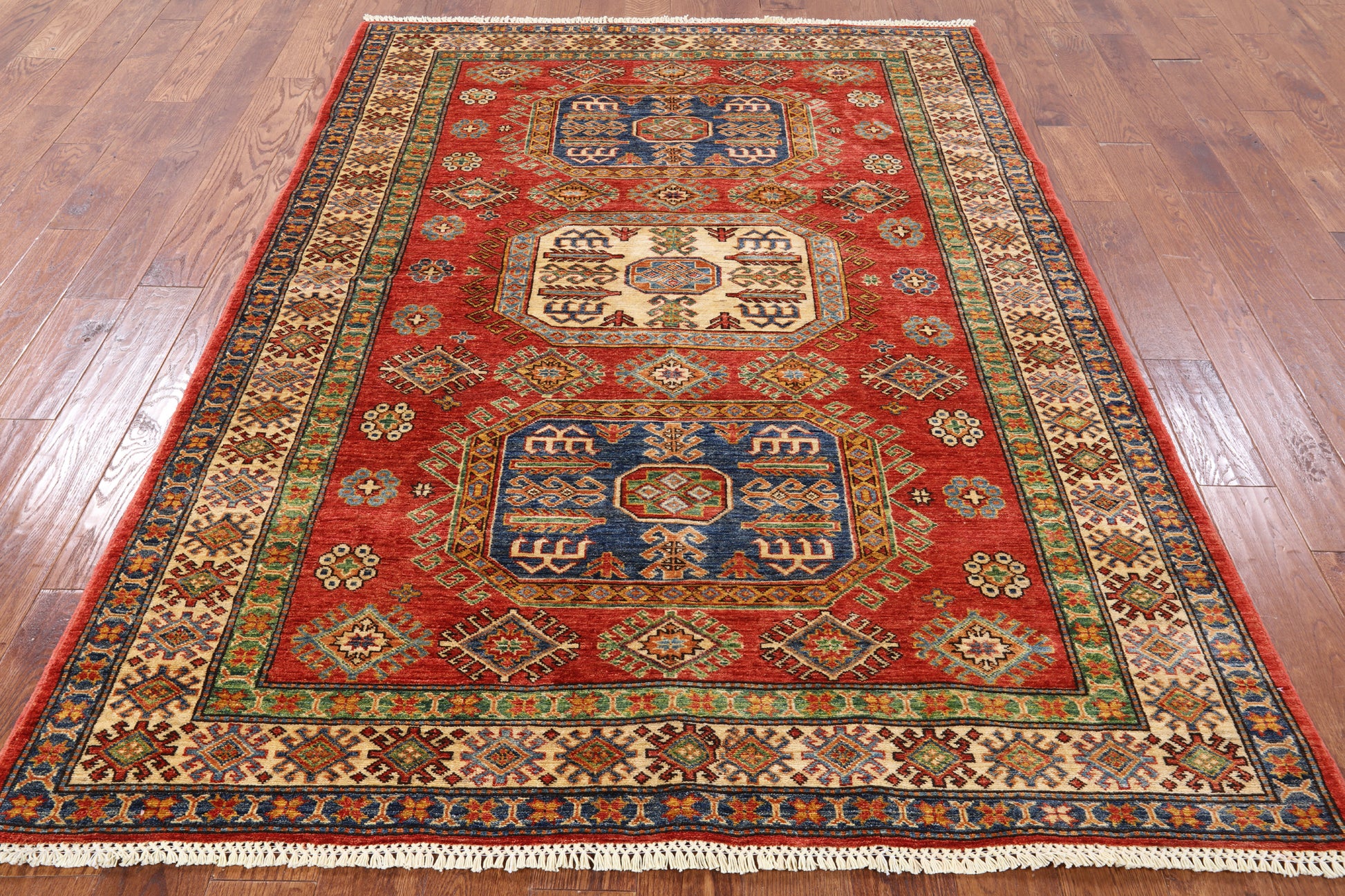 Red Super Kazak Hand Knotted Wool Rug - 5' 7" X 7' 8" - Golden Nile