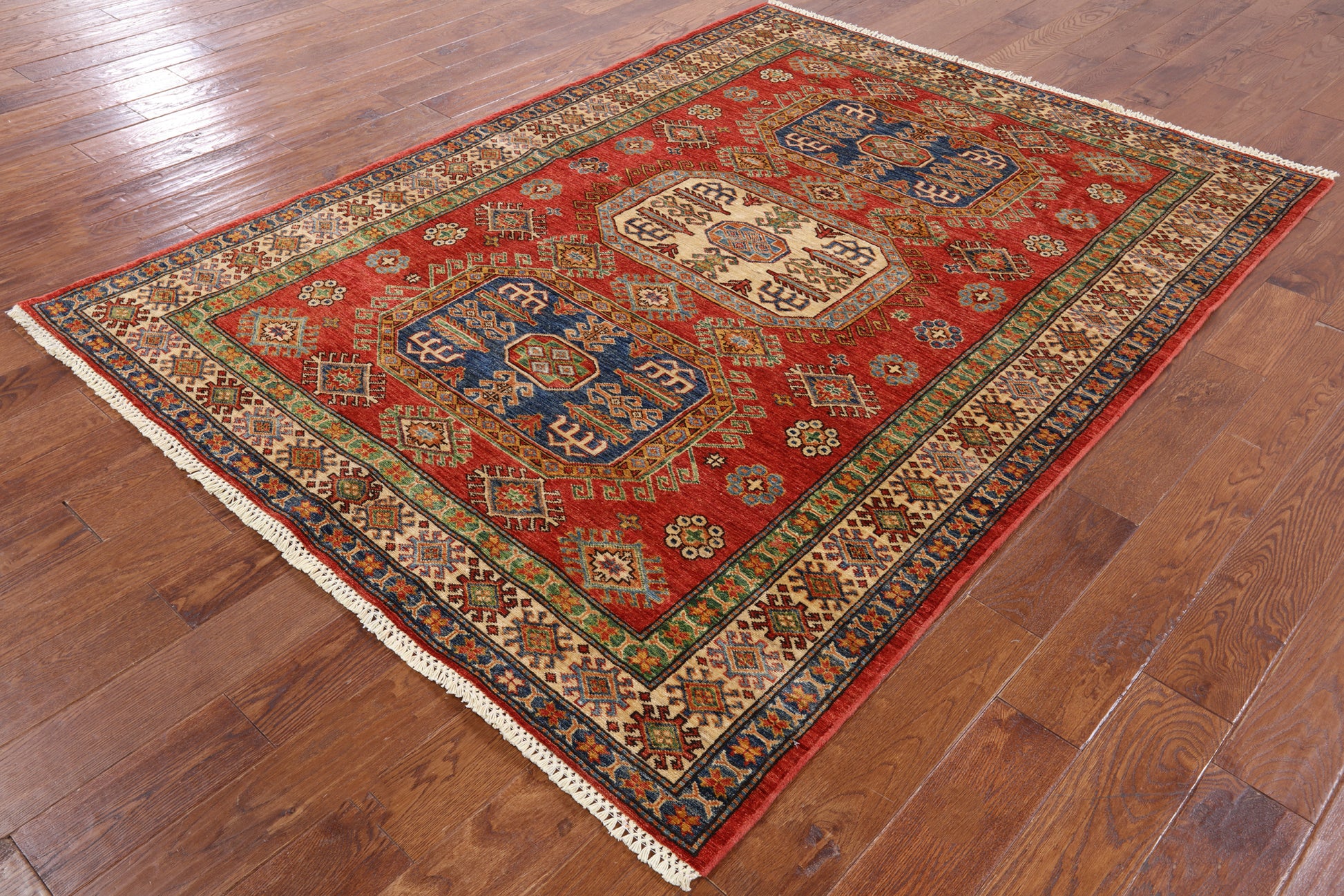 Red Super Kazak Hand Knotted Wool Rug - 5' 7" X 7' 8" - Golden Nile