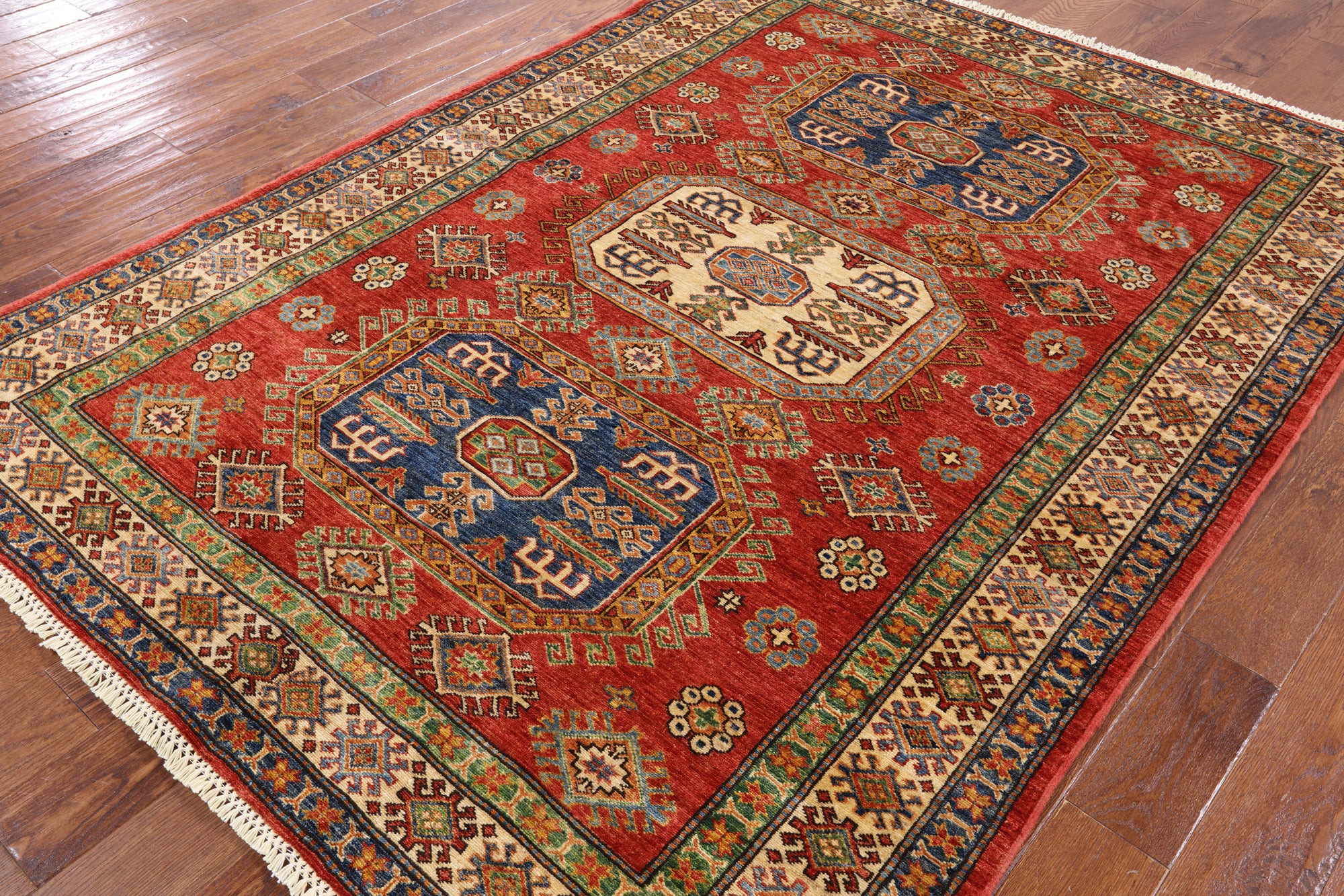 Red Super Kazak Hand Knotted Wool Rug - 5' 7" X 7' 8" - Golden Nile