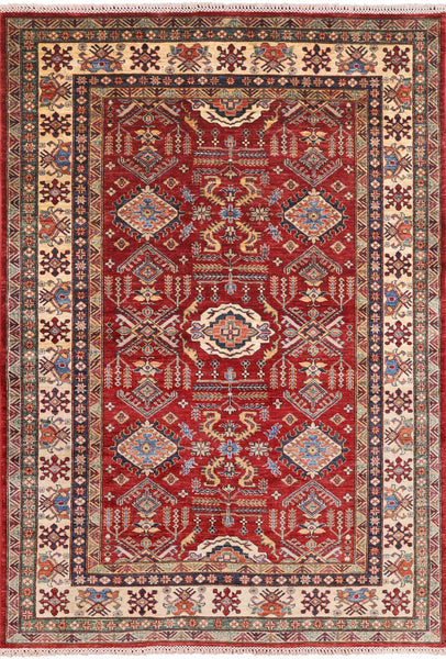 Red Super Kazak Hand Knotted Area Rug - 5' 6" X 7' 11" - Golden Nile
