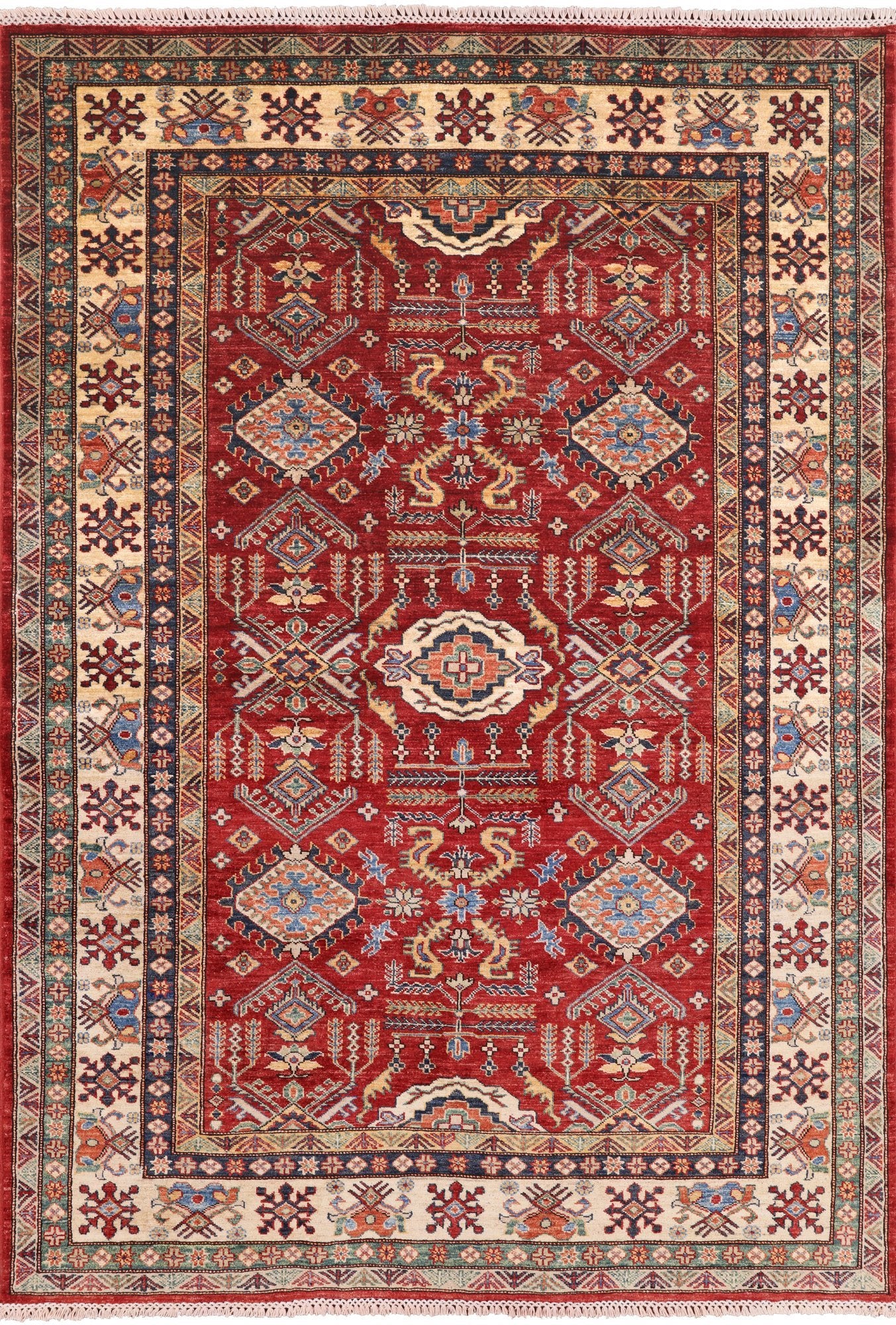 Red Super Kazak Hand Knotted Area Rug - 5' 6" X 7' 11" - Golden Nile