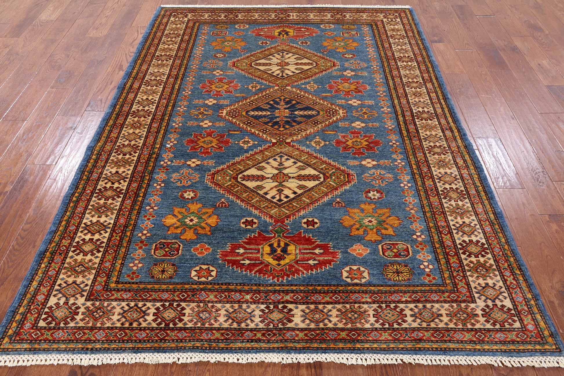 Blue Super Kazak Handmade Area Rug - 5' 10" X 7' 7" - Golden Nile