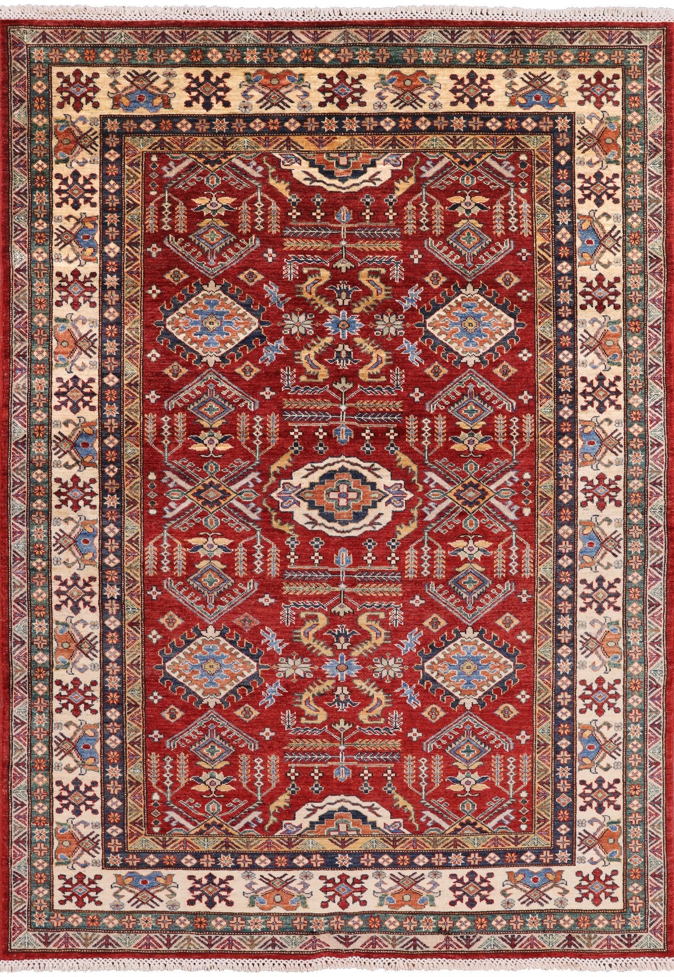 Red Super Kazak Hand Knotted Area Rug - 5' 8" X 7' 9" - Golden Nile