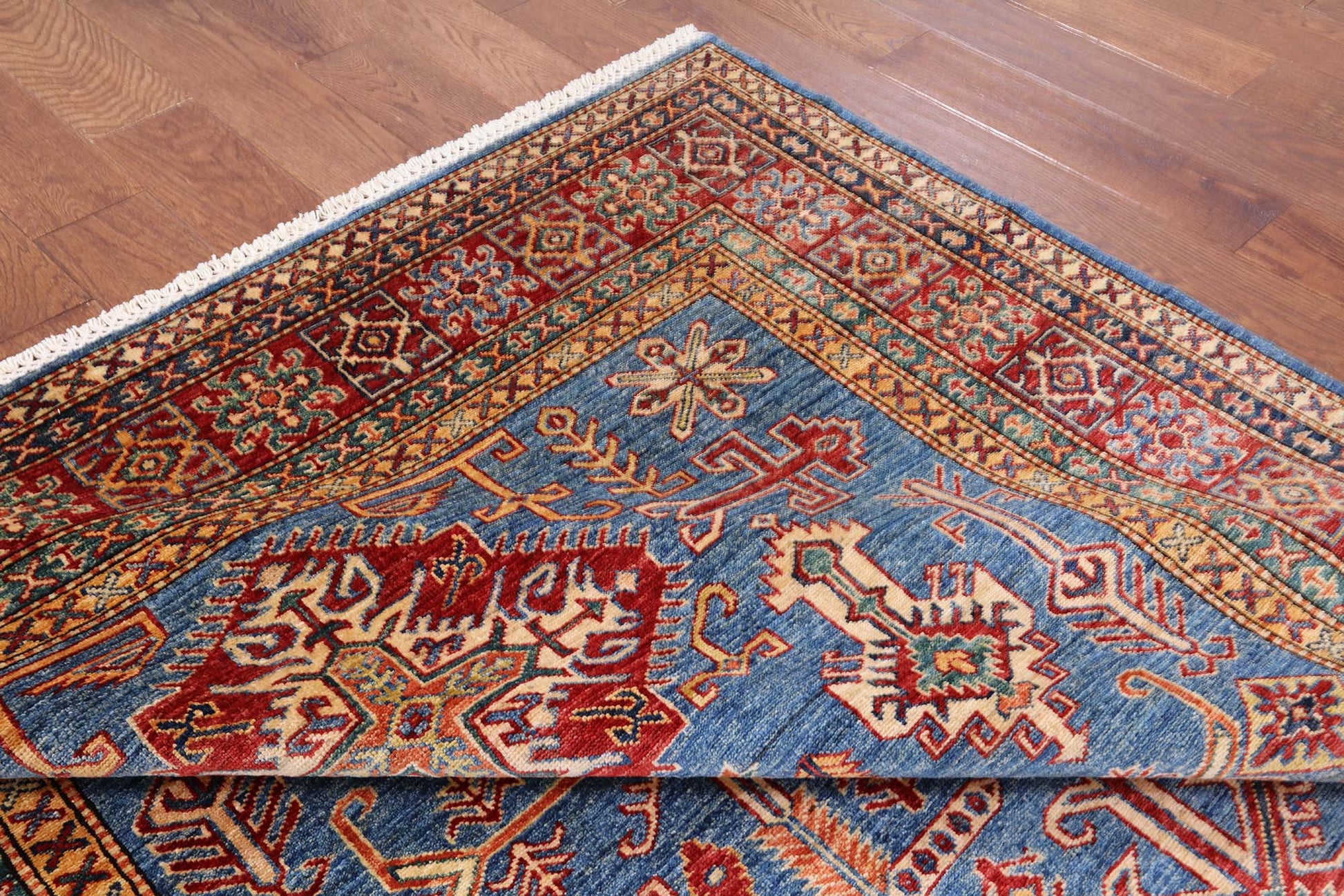 Blue Super Kazak Hand Knotted Wool Area Rug - 5' 8" X 8' 2" - Golden Nile