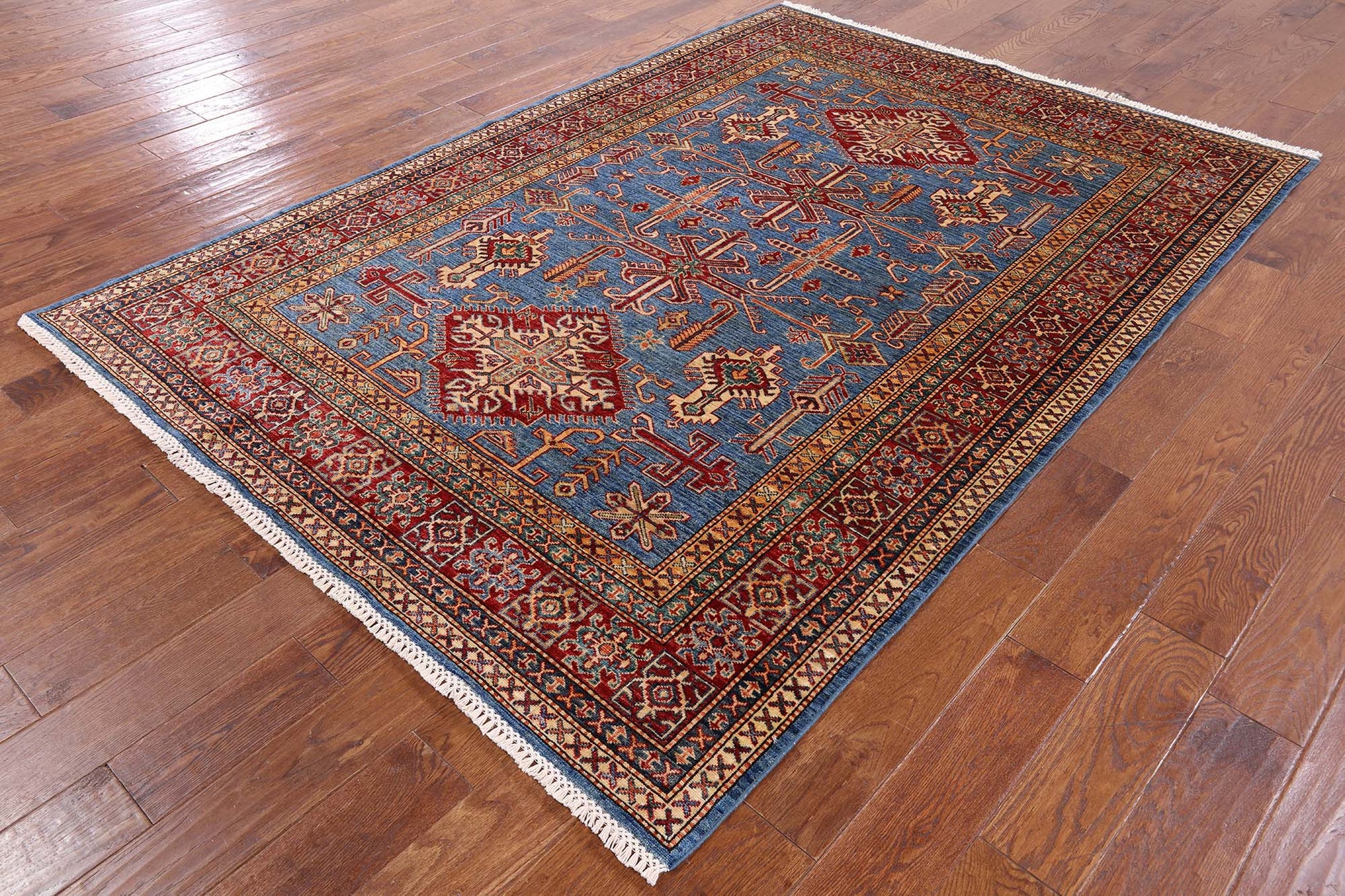 Blue Super Kazak Hand Knotted Wool Area Rug - 5' 8" X 8' 2" - Golden Nile