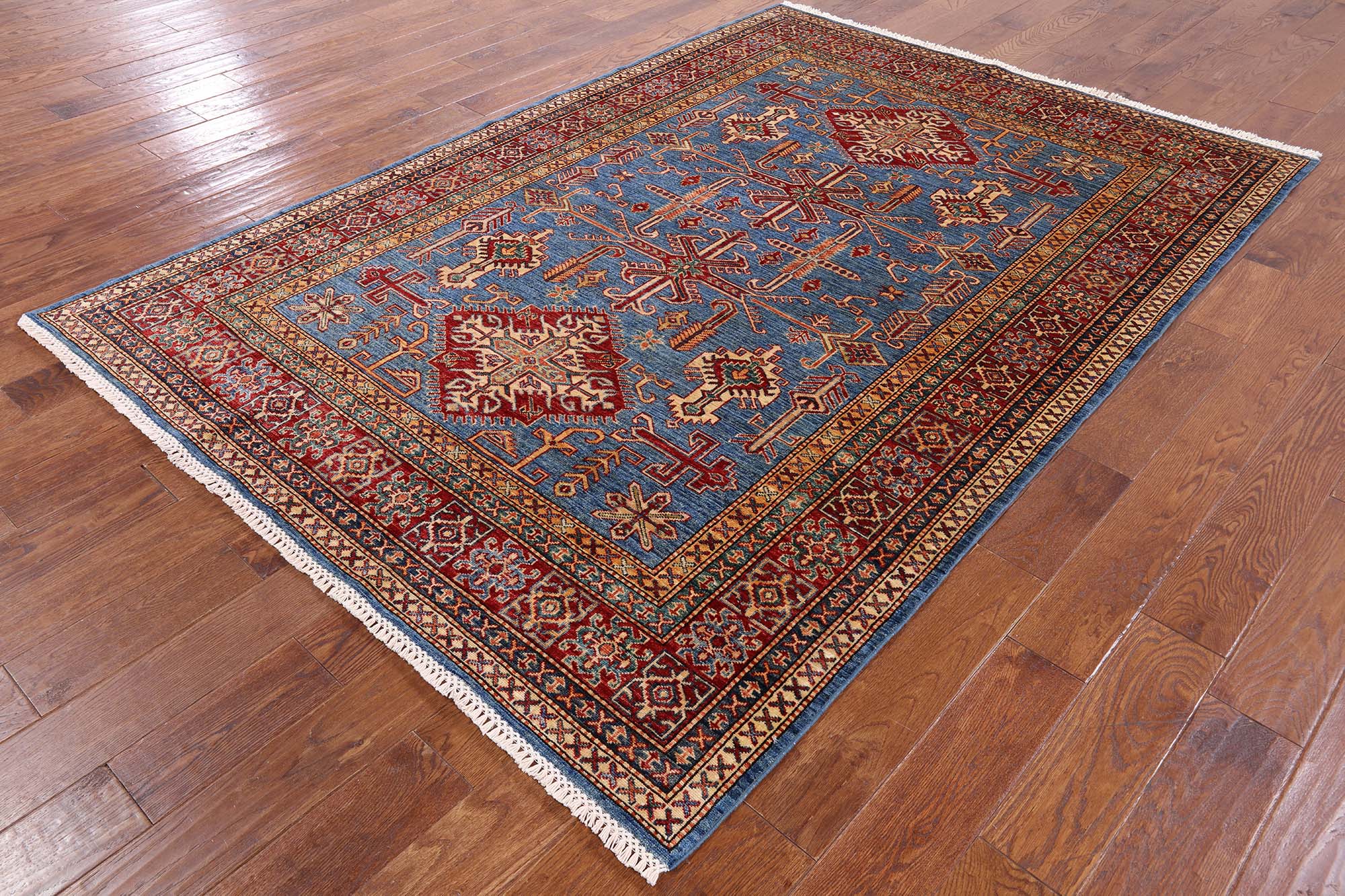 Blue Super Kazak Hand Knotted Wool Area Rug - 5' 8" X 8' 2" - Golden Nile
