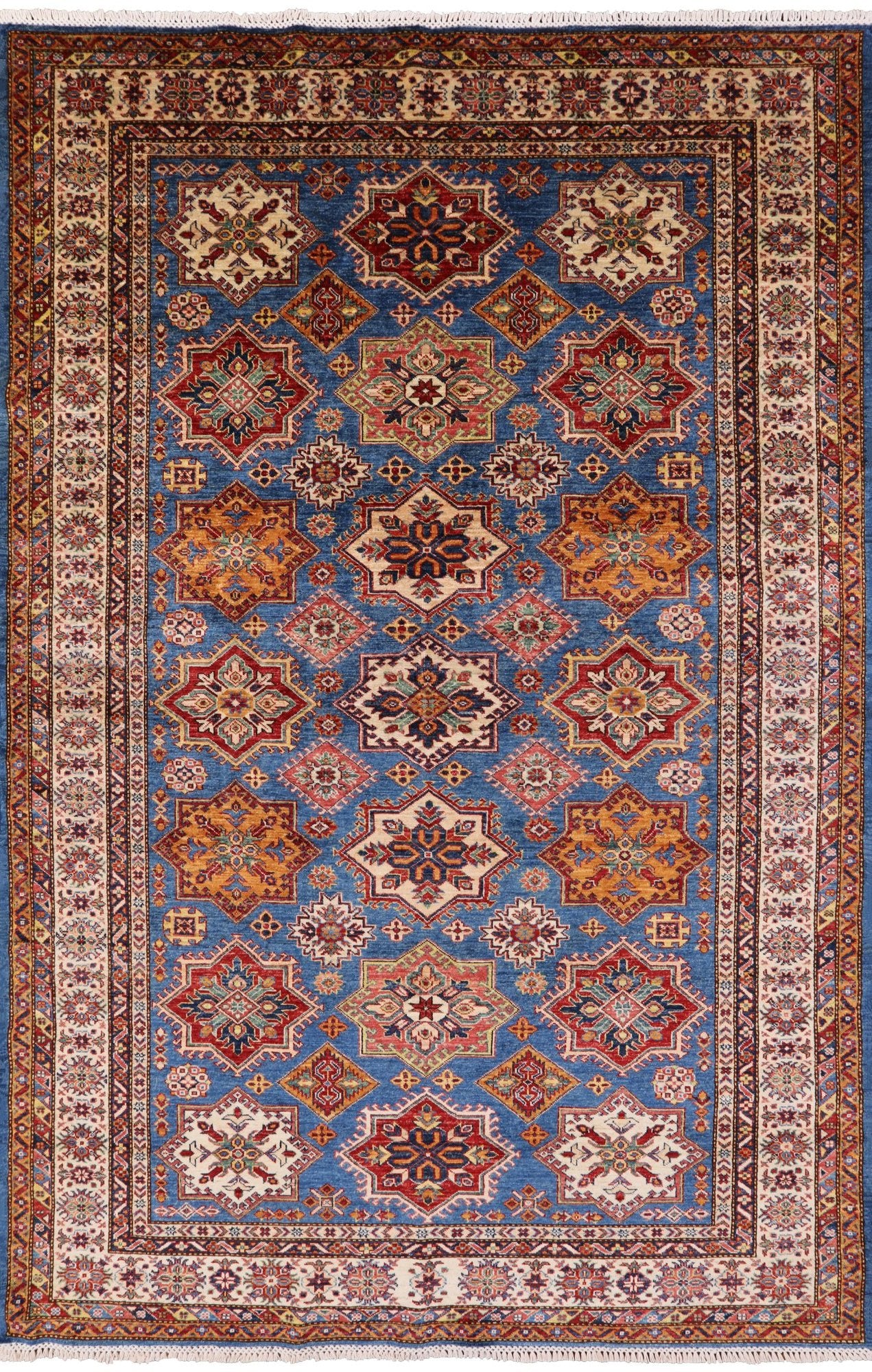 Blue Super Kazak Hand Knotted Area Rug - 6' 3" X 9' 9" - Golden Nile