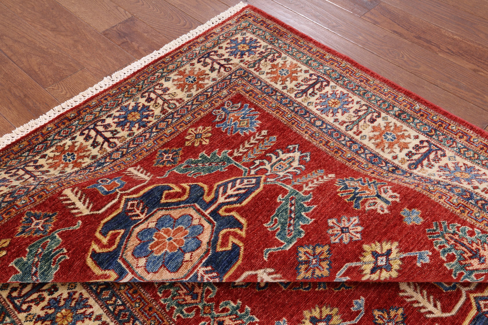 Red Super Kazak Hand Knotted Wool Area Rug - 5' 0" X 6' 10" - Golden Nile