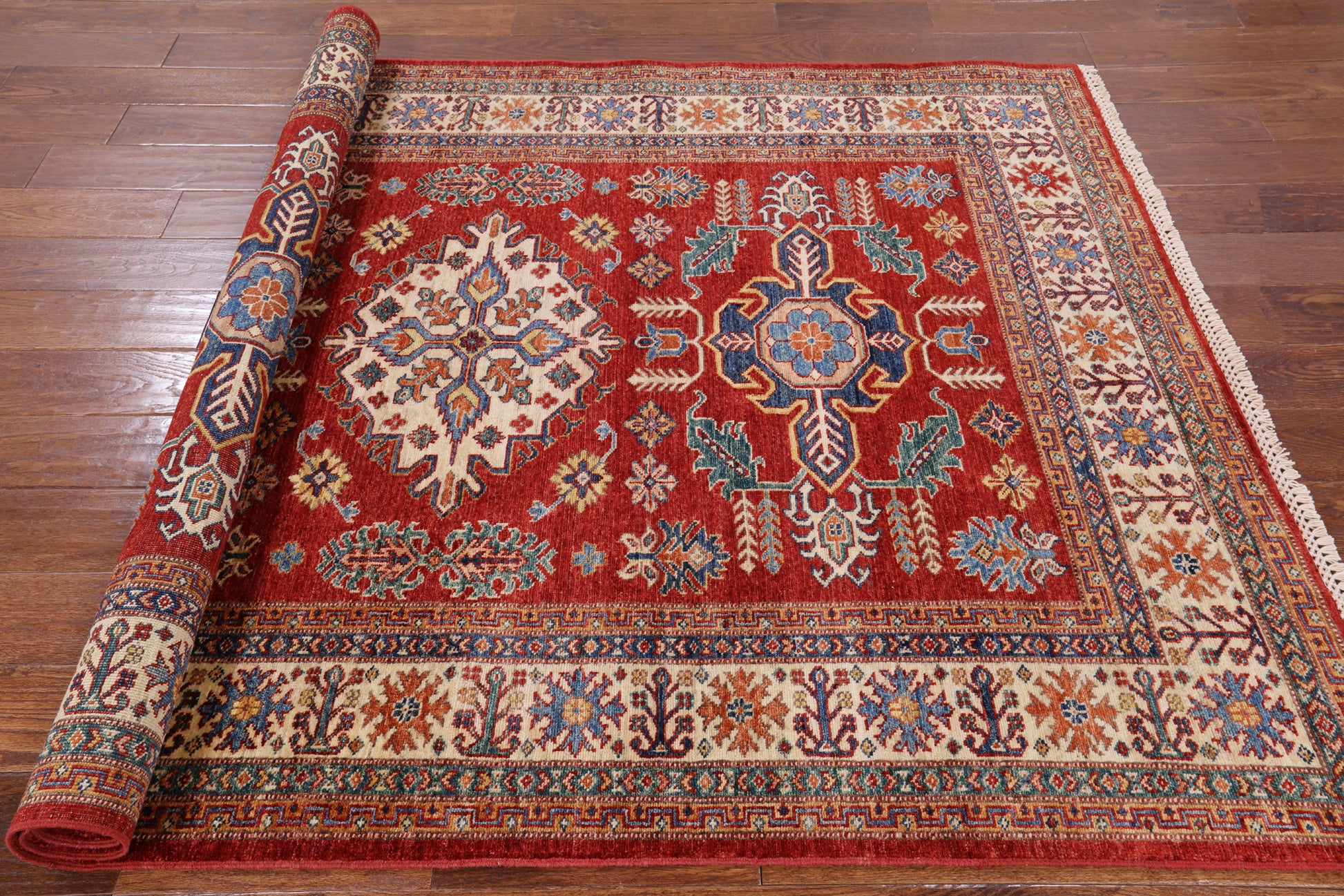 Red Super Kazak Hand Knotted Wool Area Rug - 5' 0" X 6' 10" - Golden Nile