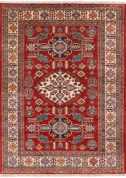 Red Super Kazak Hand Knotted Wool Area Rug - 5' 0" X 6' 10" - Golden Nile