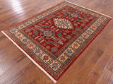 Red Super Kazak Hand Knotted Wool Area Rug - 5' 0" X 6' 10" - Golden Nile