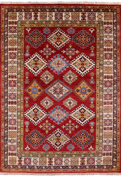 Red Super Kazak Hand Knotted Area Rug - 4' 10" X 6' 9" - Golden Nile