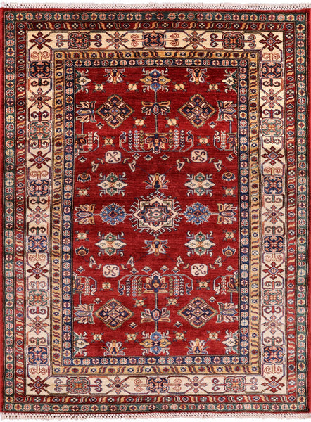 Red Super Kazak Hand Knotted Wool Area Rug - 5' 0" X 6' 6" - Golden Nile
