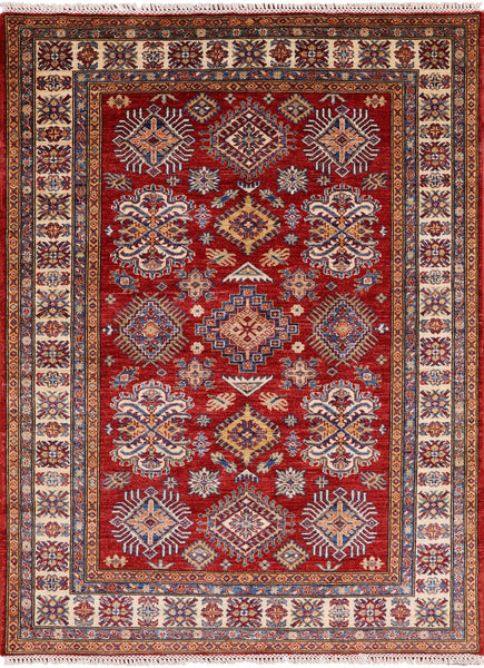 Red Super Kazak Hand Knotted Area Rug - 4' 11" X 6' 7" - Golden Nile