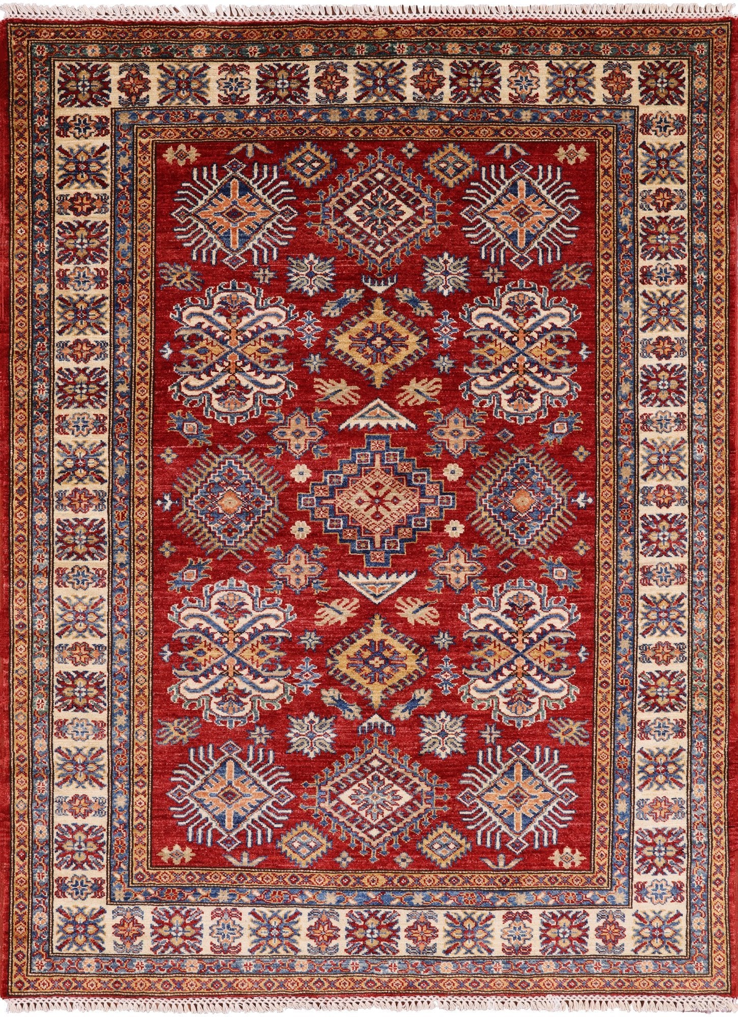 Red Super Kazak Hand Knotted Area Rug - 4' 11" X 6' 7" - Golden Nile