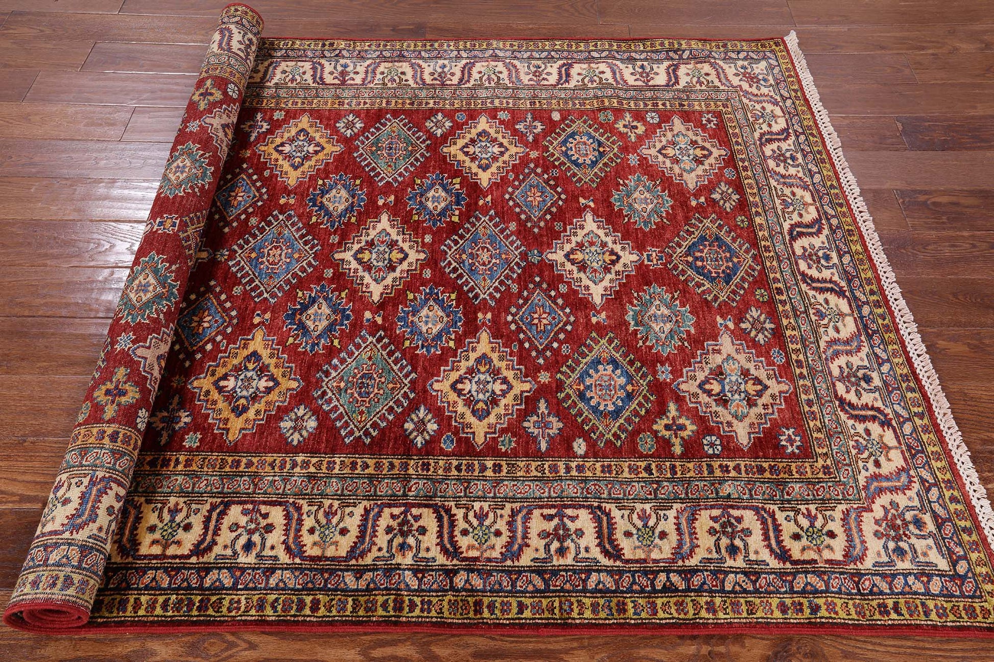 Red Super Kazak Hand Knotted Wool Area Rug - 4' 11" X 6' 6" - Golden Nile