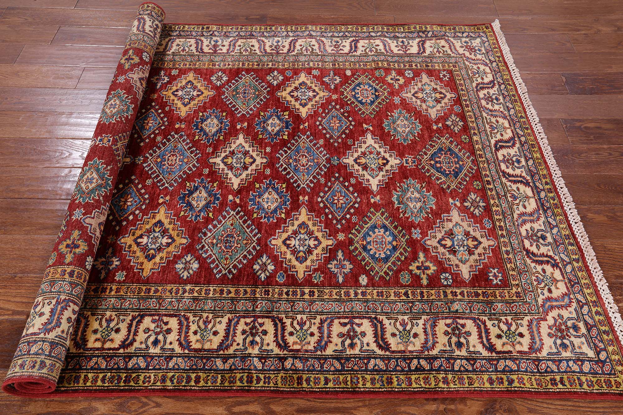 Red Super Kazak Hand Knotted Wool Area Rug - 4' 11" X 6' 6" - Golden Nile