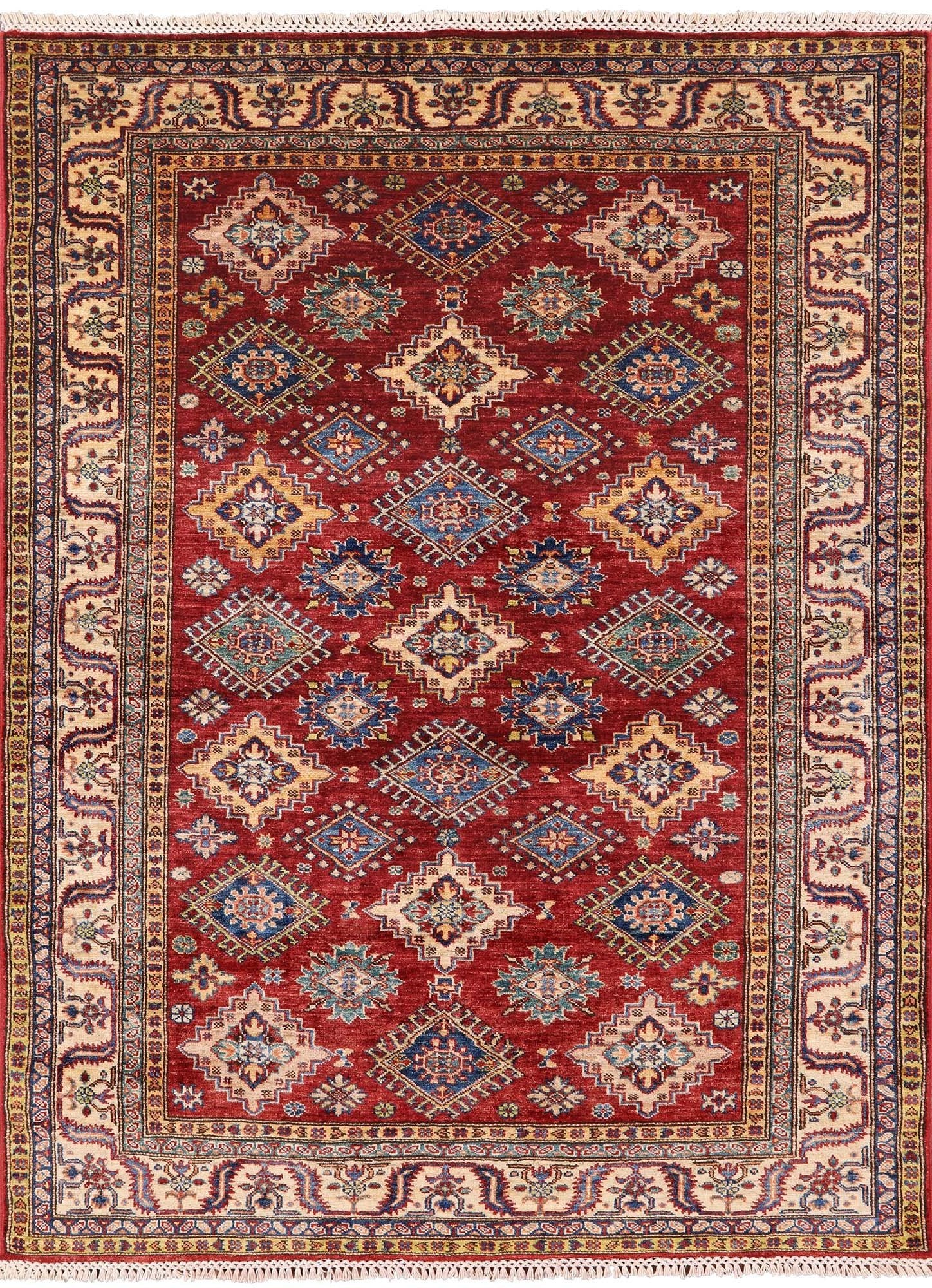 Red Super Kazak Hand Knotted Wool Area Rug - 4' 11" X 6' 6" - Golden Nile