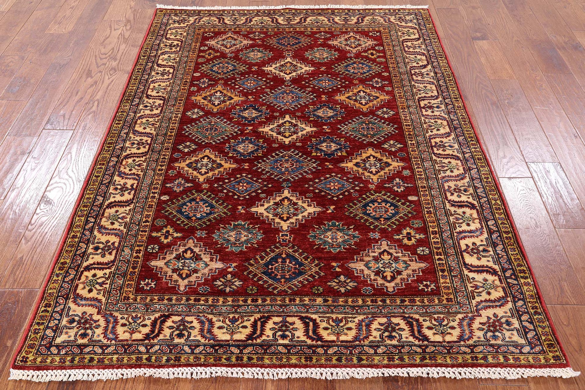 Red Super Kazak Hand Knotted Wool Area Rug - 4' 11" X 6' 6" - Golden Nile