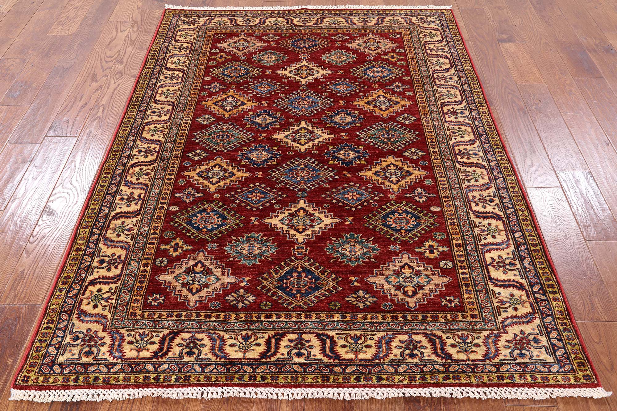 Red Super Kazak Hand Knotted Wool Area Rug - 4' 11" X 6' 6" - Golden Nile