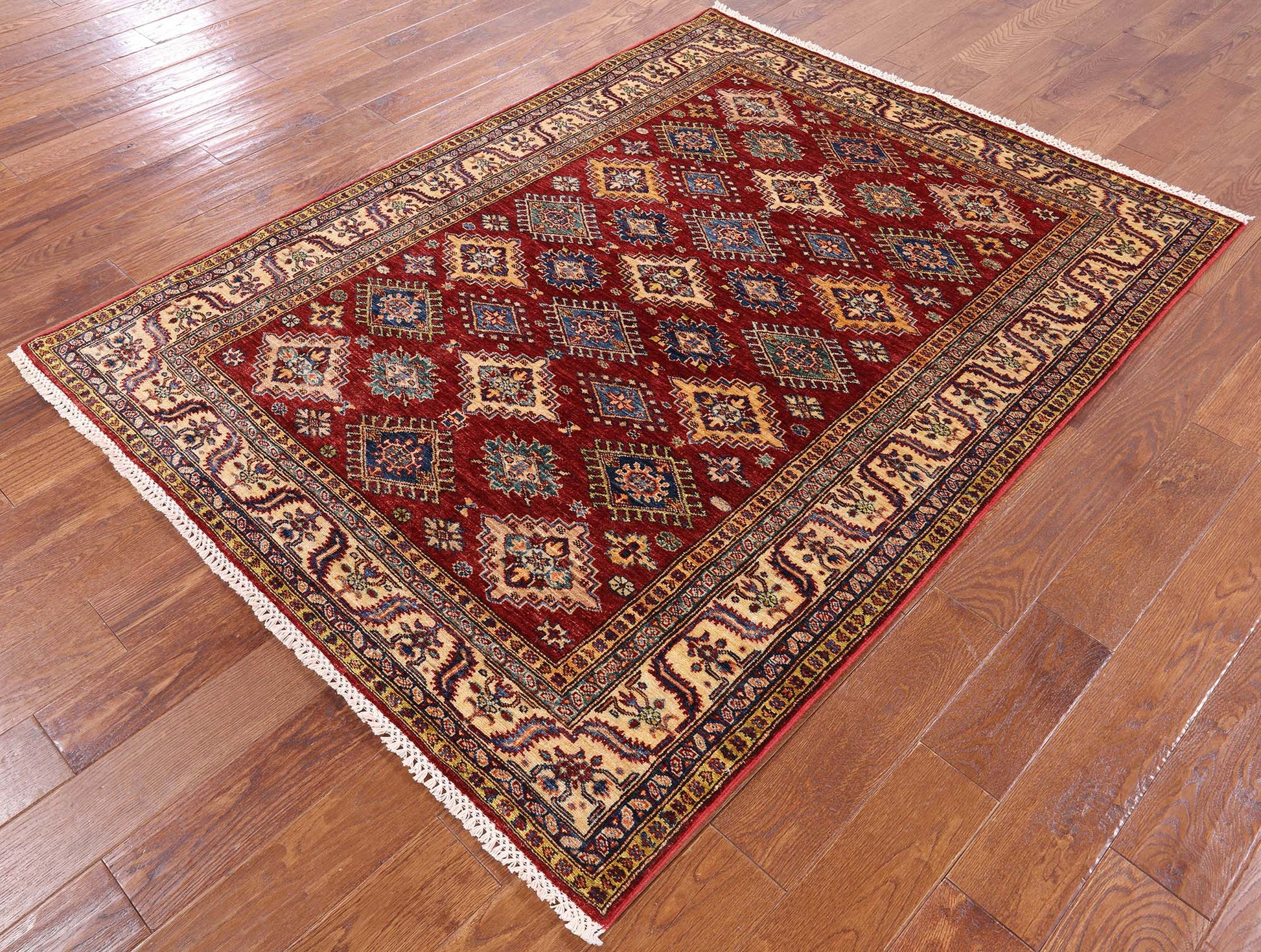 Red Super Kazak Hand Knotted Wool Area Rug - 4' 11" X 6' 6" - Golden Nile