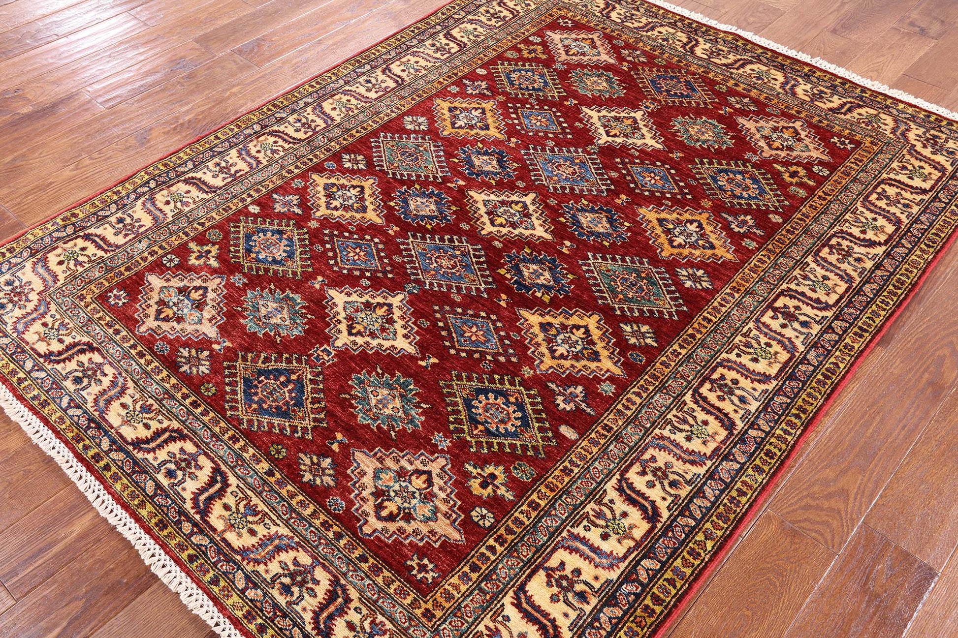 Red Super Kazak Hand Knotted Wool Area Rug - 4' 11" X 6' 6" - Golden Nile